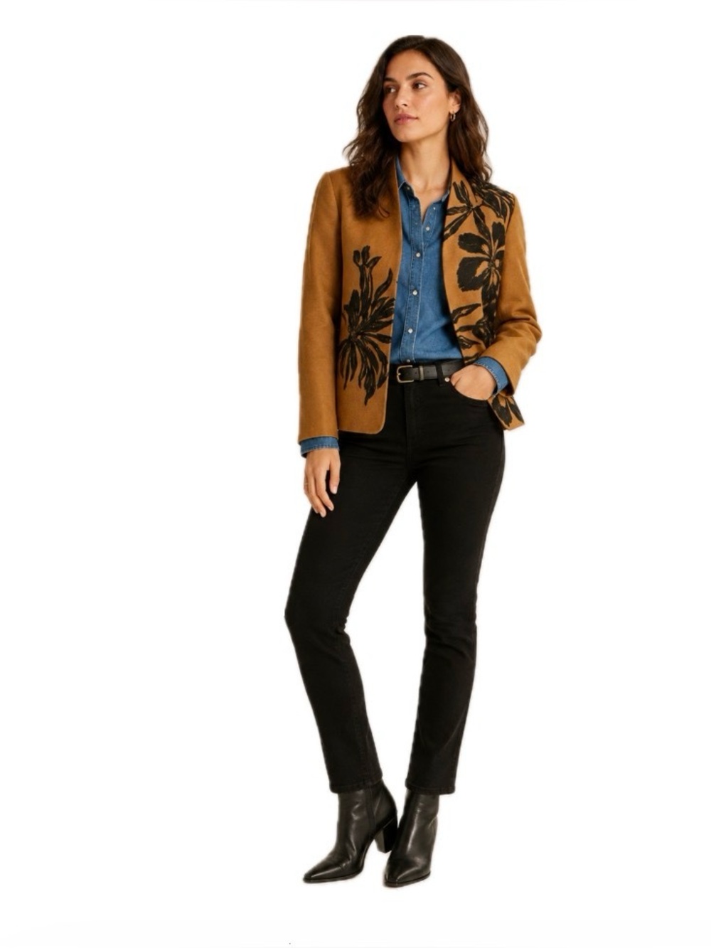 Due Per Due, Vintage Linen Blend Floral Tan and Black Women's Jacket, Size 8p